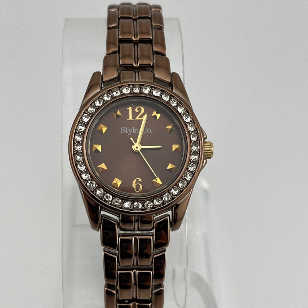 Style & Co. Watch Women‎ 26mm Case Brown 7.25" Band Crystal Bezel- New Battery